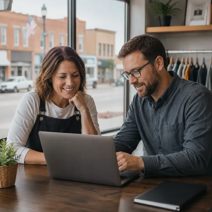 Web designer going over a new website with a Natchitoches, Louisiana shop owner on a laptop