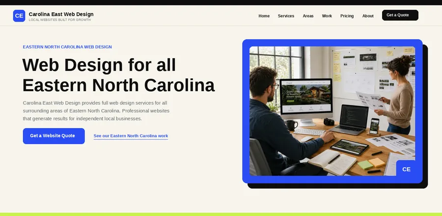 Homepage of Carolina East Web Design, a local web design site built by Central Louisiana Web Design