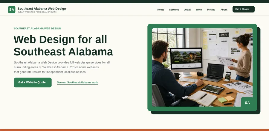 Homepage of Southeast Alabama Web Design, a local web design site built by Central Louisiana Web Design